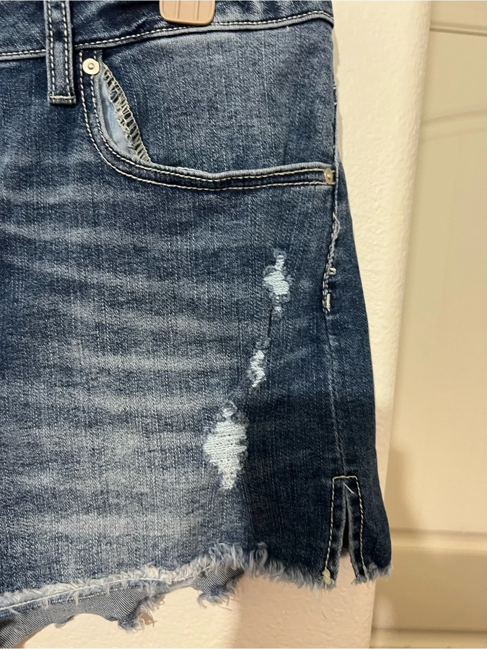 Indigo Rein Distressed Dark Blue Denim Button-Fly Shorts